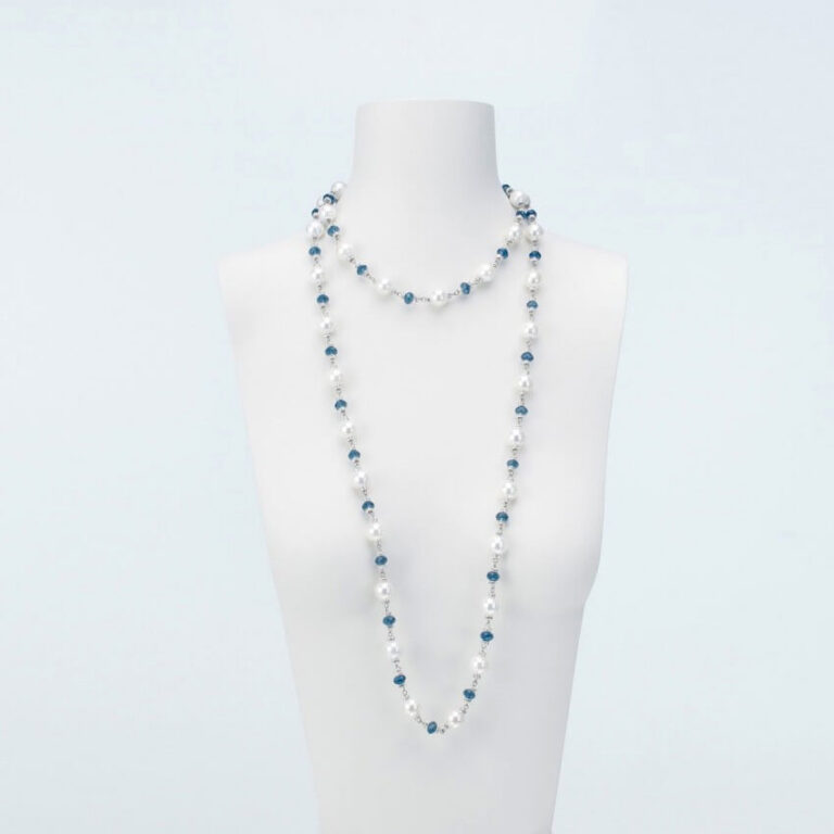 collana lunga perle cristalli bianco blu