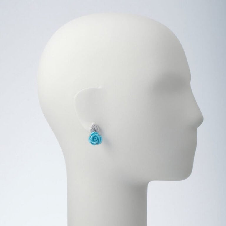 orecchino clip fiore turchese foglia strass