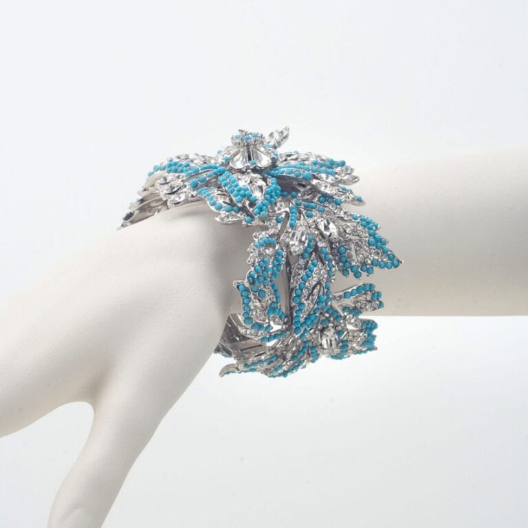Bracciale rigido fiori colore argento e turchese