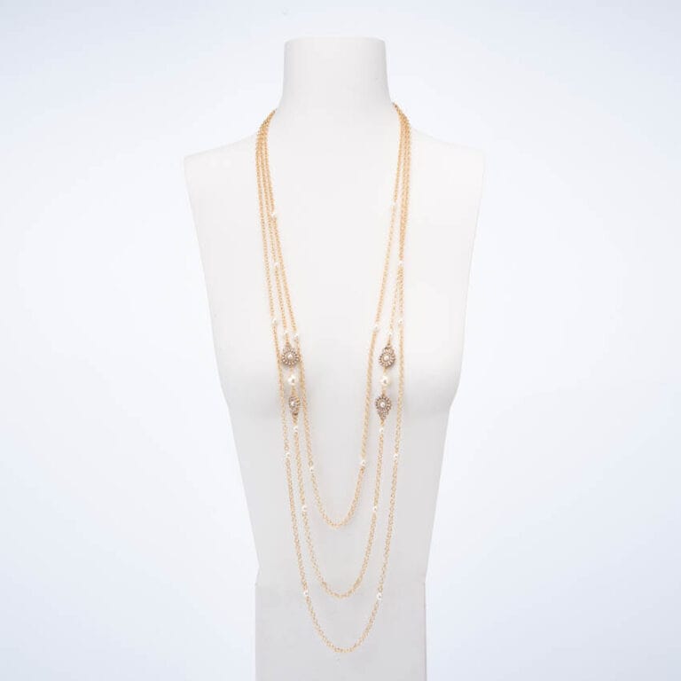 Collana lunga tre fili perle oro cristalli 1