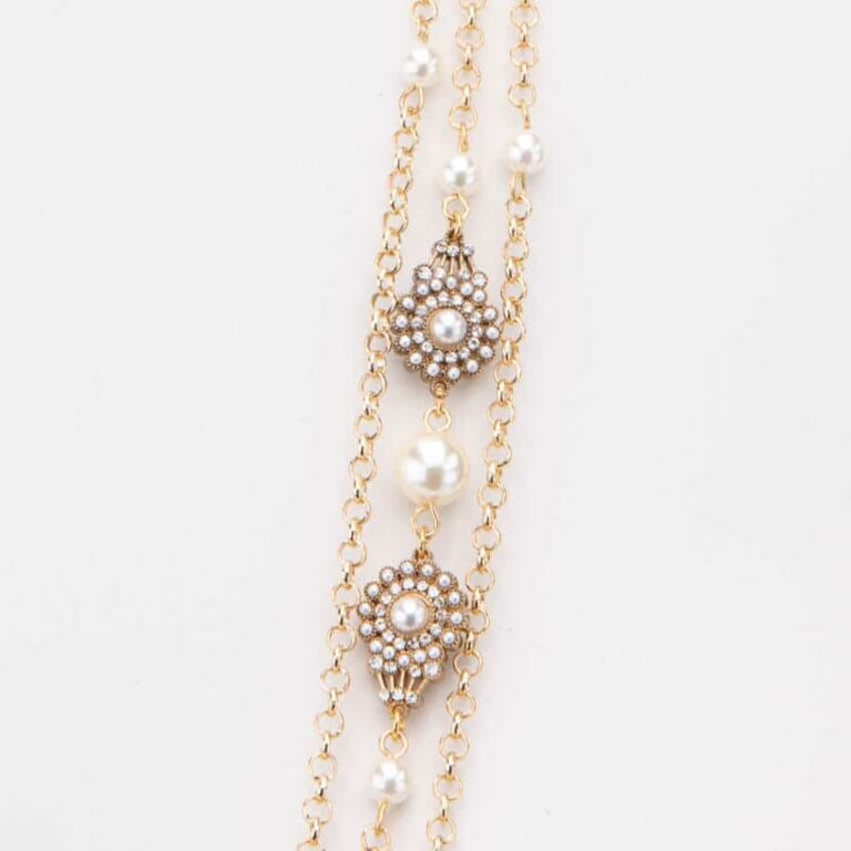 Collana lunga tre fili perle oro cristalli 2