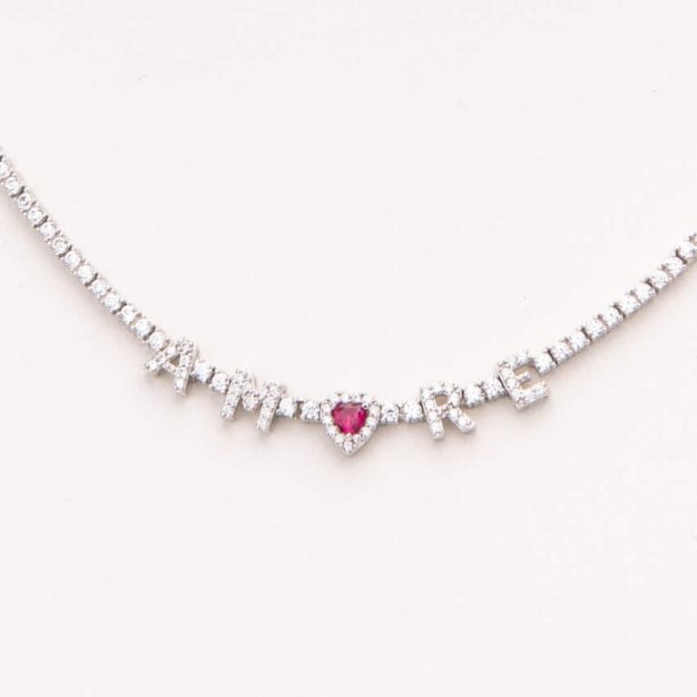 Collana girocollo argento tennis centrale amore cuore rosso 2