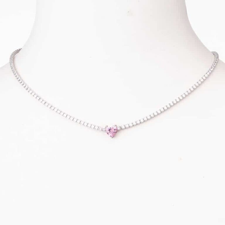 Collana girocollo argento tennis centrale cuore rosa