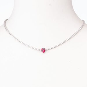 Collana girocollo argento tennis centrale cuore rosso rubino