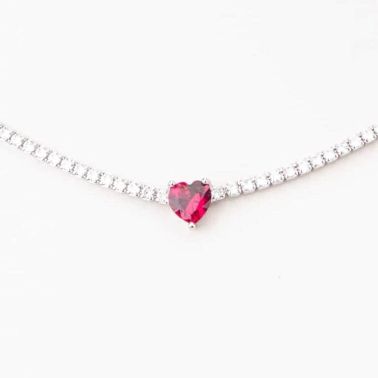 Collana girocollo argento tennis centrale cuore rosso rubino 2
