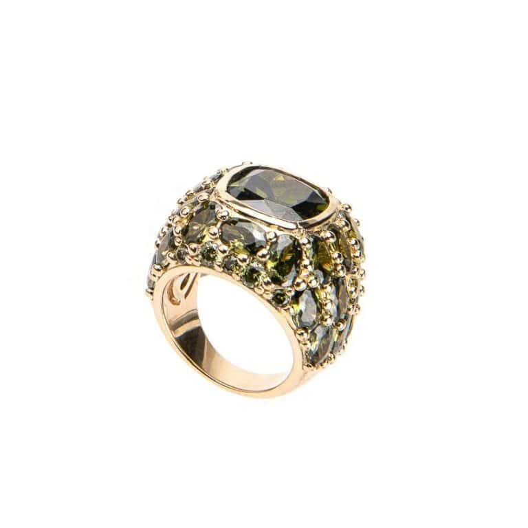Anello fascia bombata argento oro zirconi verde tormalina 2