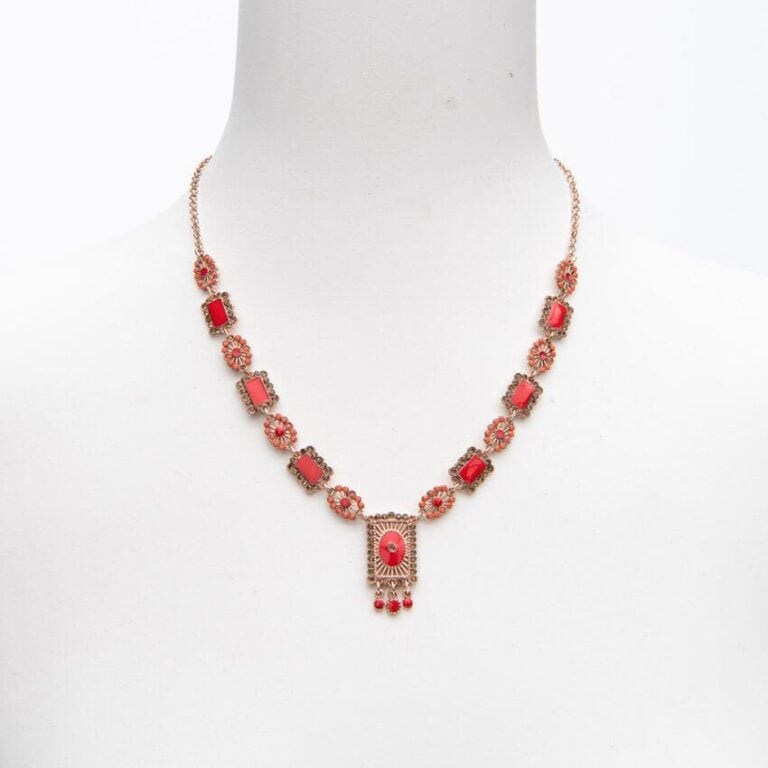 Collana girocollo modello art deco oro rosa rosso corallo
