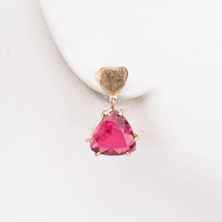 Orecchini perno oro ciondolo pietra rosa tormalina