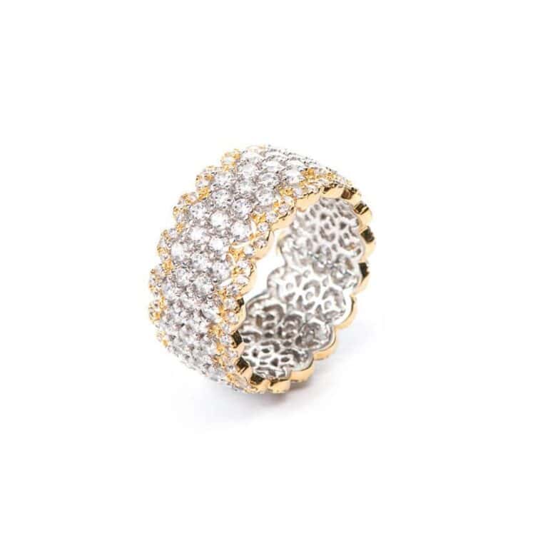 Anello fascia traforata bicolore zirconi brillanti 2