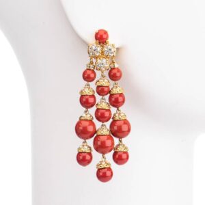 Orecchini clip pendenti ciuffo grande oro rosso corallo