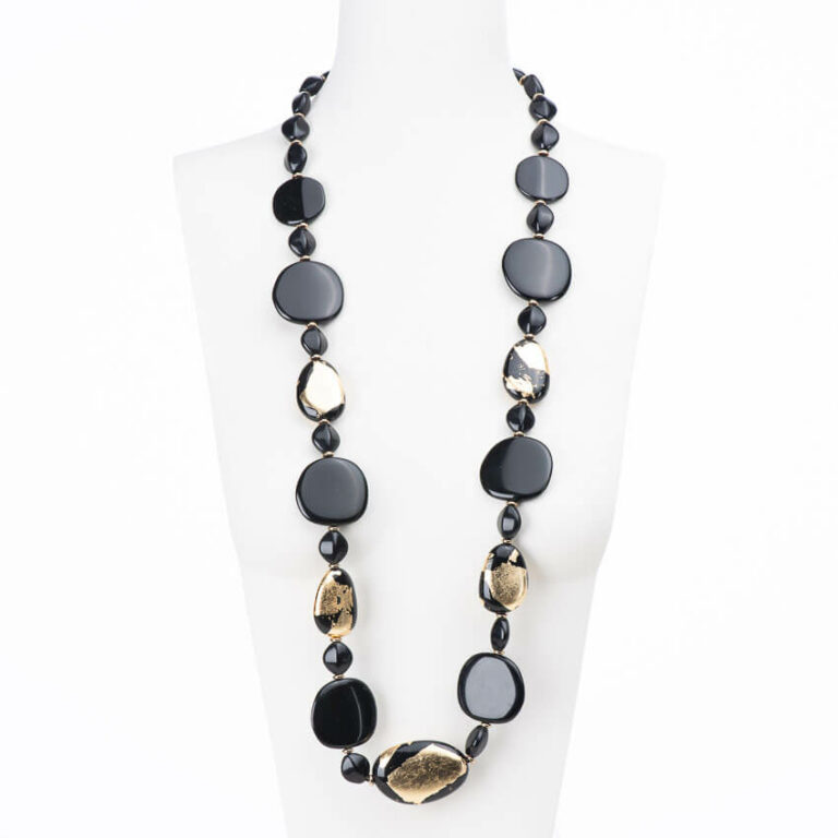 Collana lunga resina nero foglia oro