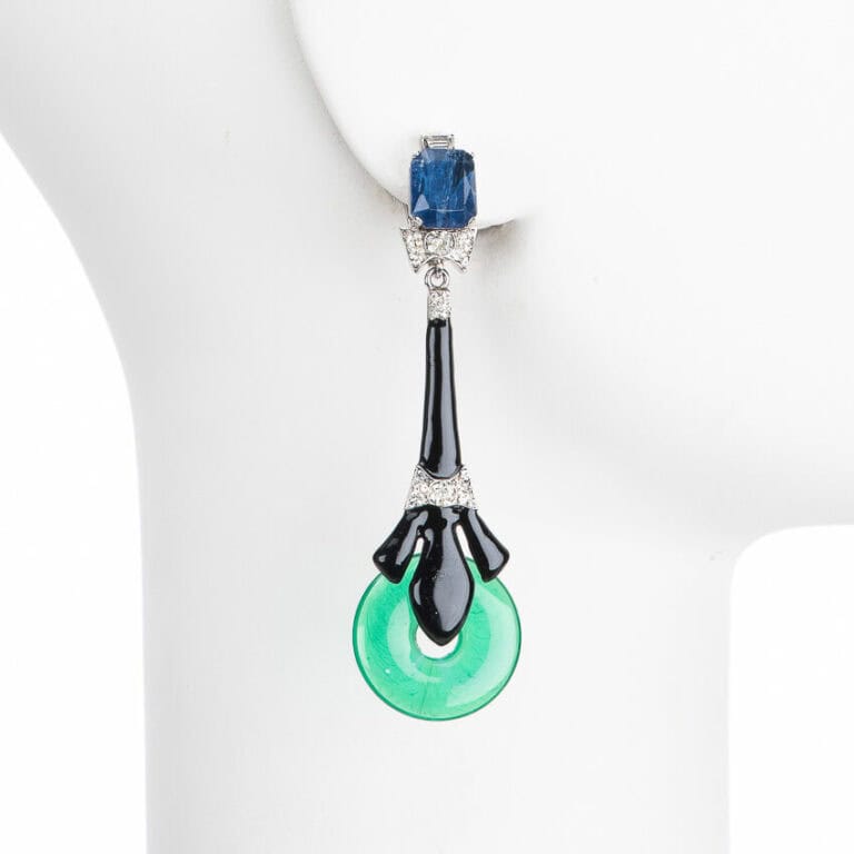 Orecchini pendenti clip stile liberty neri pietra blu oceano dettaglio verde smeraldo