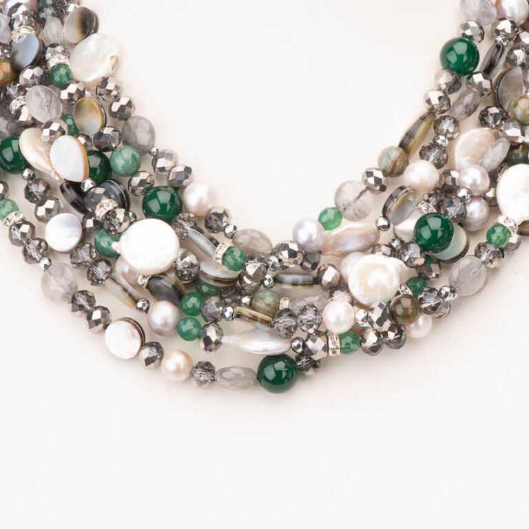 Collana multifili mix perle pietre verde grigio bianco 2