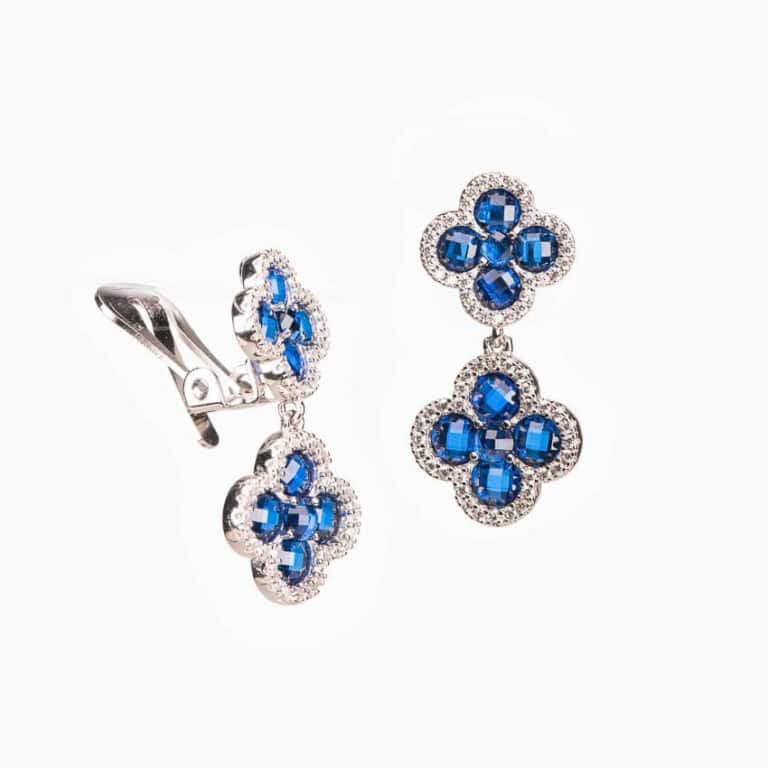 Orecchini clip argento zirconi quadrifogli blu zaffiro 3