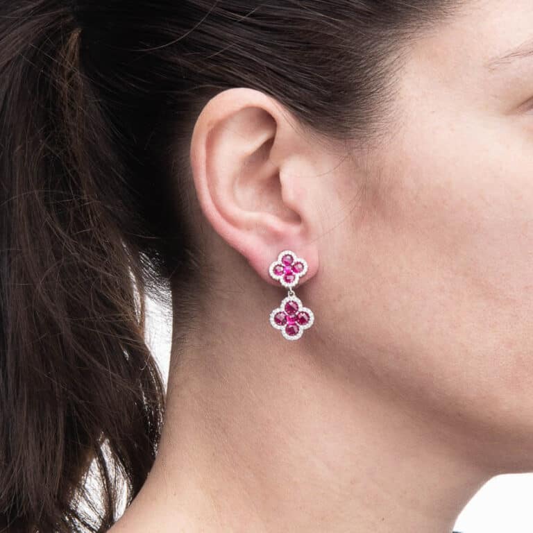 Orecchini clip argento zirconi quadrifogli fuxia 2