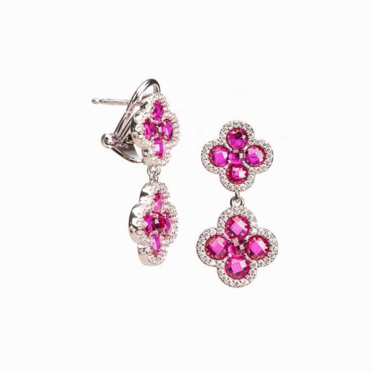 Orecchini clip argento zirconi quadrifogli fuxia 3