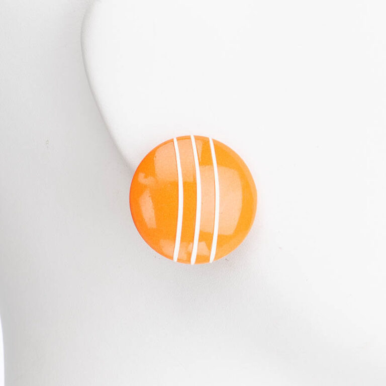 Orecchini clip bottone arancione righe bianche 1