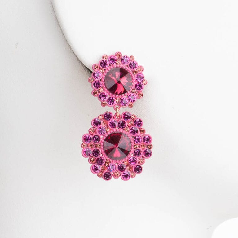 Orecchini perno pendenti fiori cristalli fuxia 1
