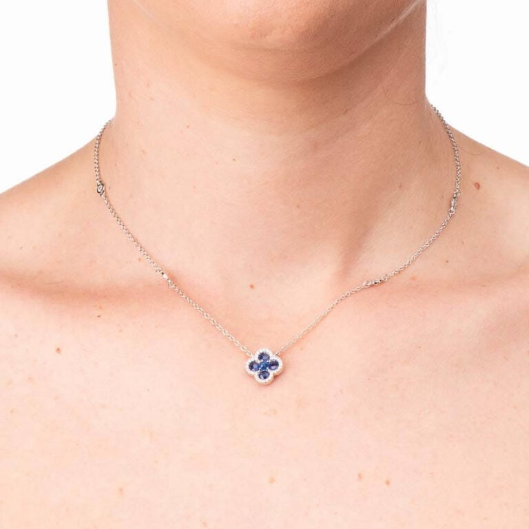 Collana girocollo argento zirconi quadrifoglio blu zaffiro