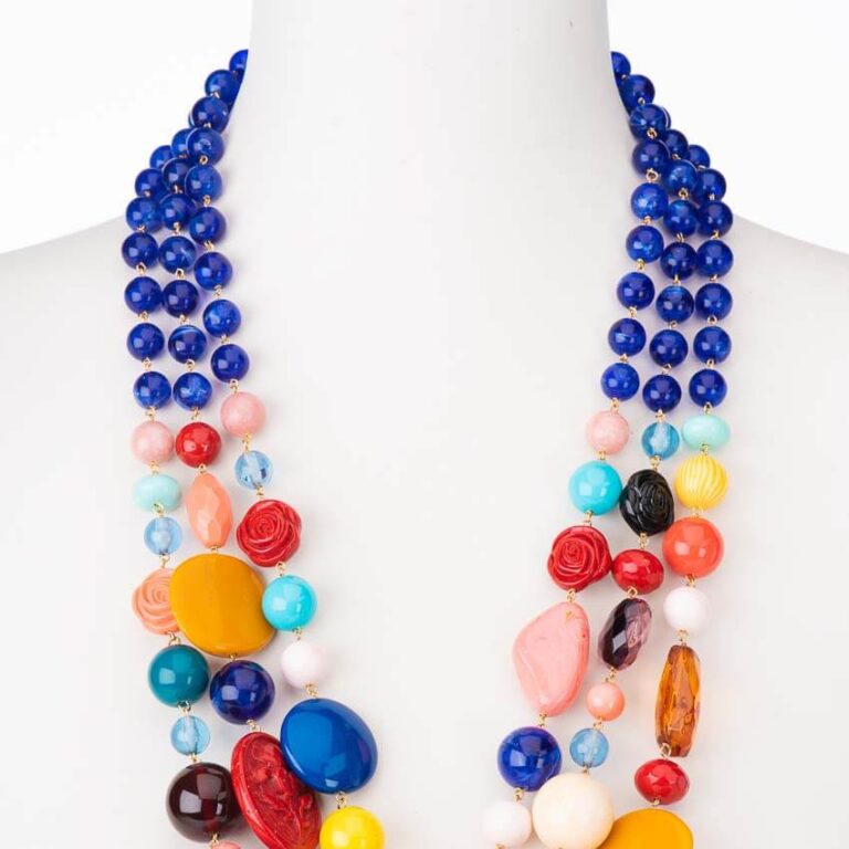 Collana lunga tre fili pietre dure multicolor perle blu 2