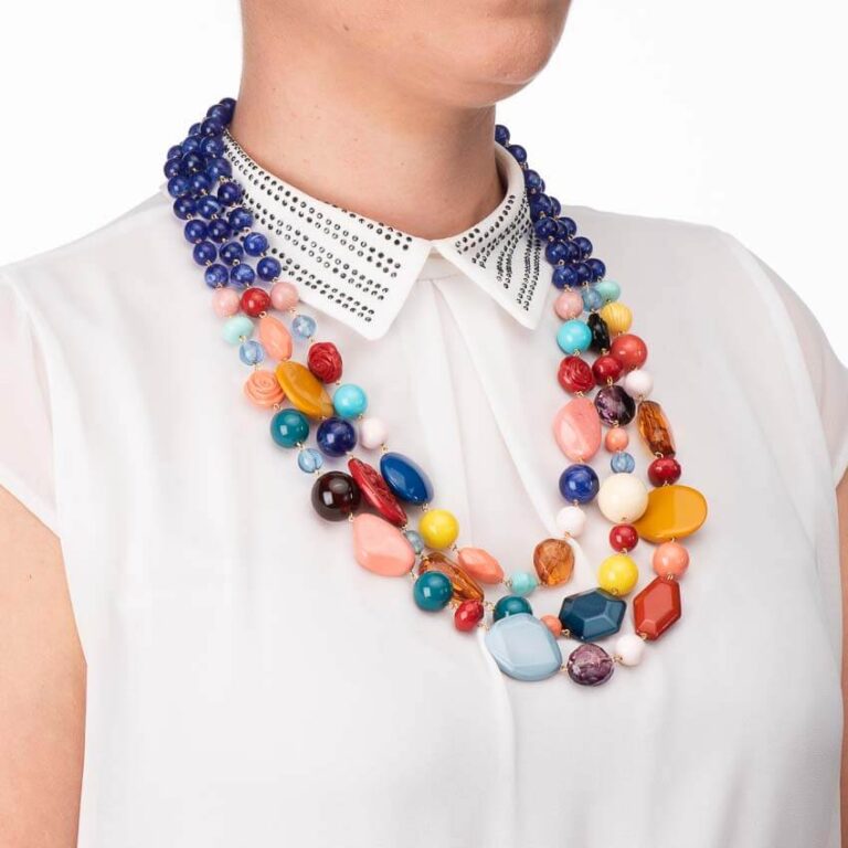 Collana lunga tre fili pietre dure multicolor perle blu 3