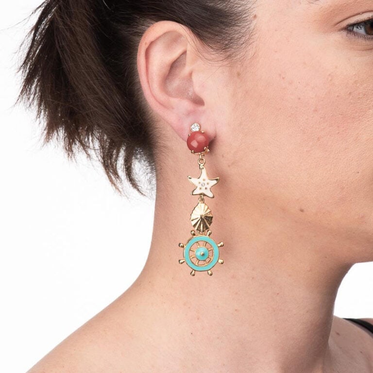 Orecchini clip pendenti corallo bianco turchese 4