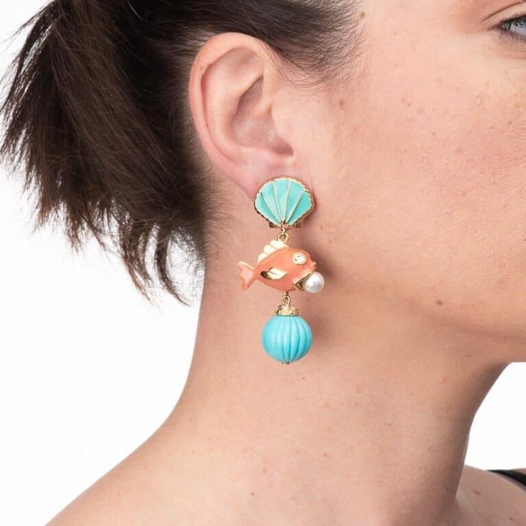 Orecchini clip pendenti turchese pesce corallo 6