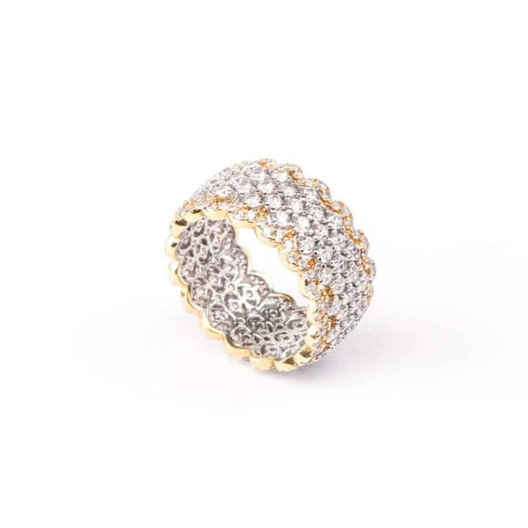 Anello fascia alta traforata bicolore zirconi brillanti 04