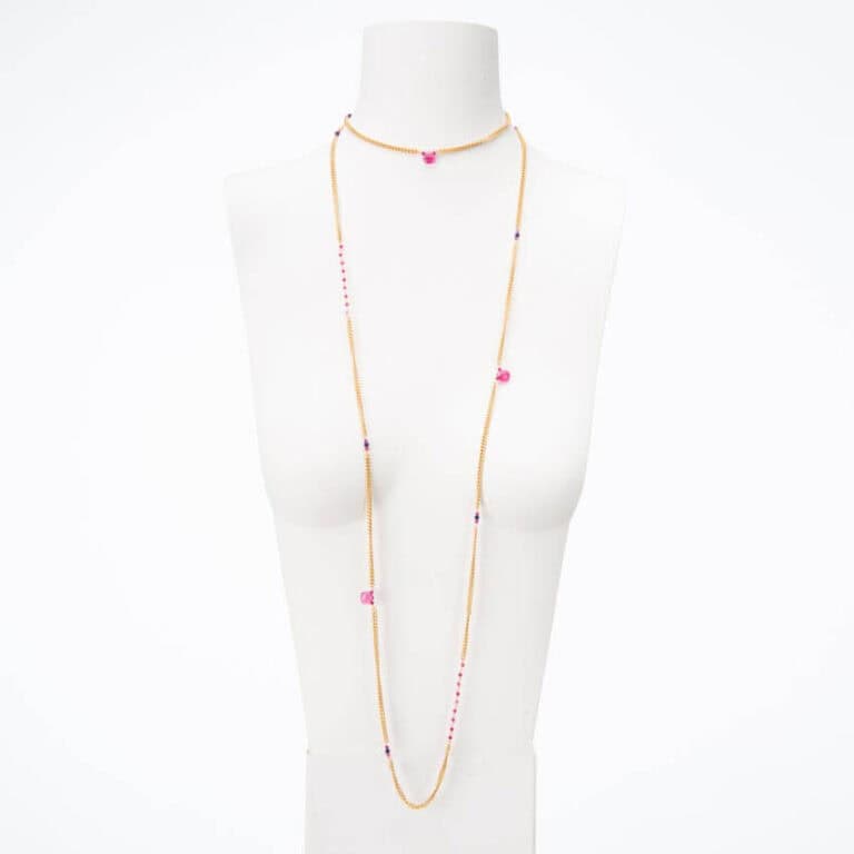 Collana lunga catena groumette oro e pietre colorate rosa
