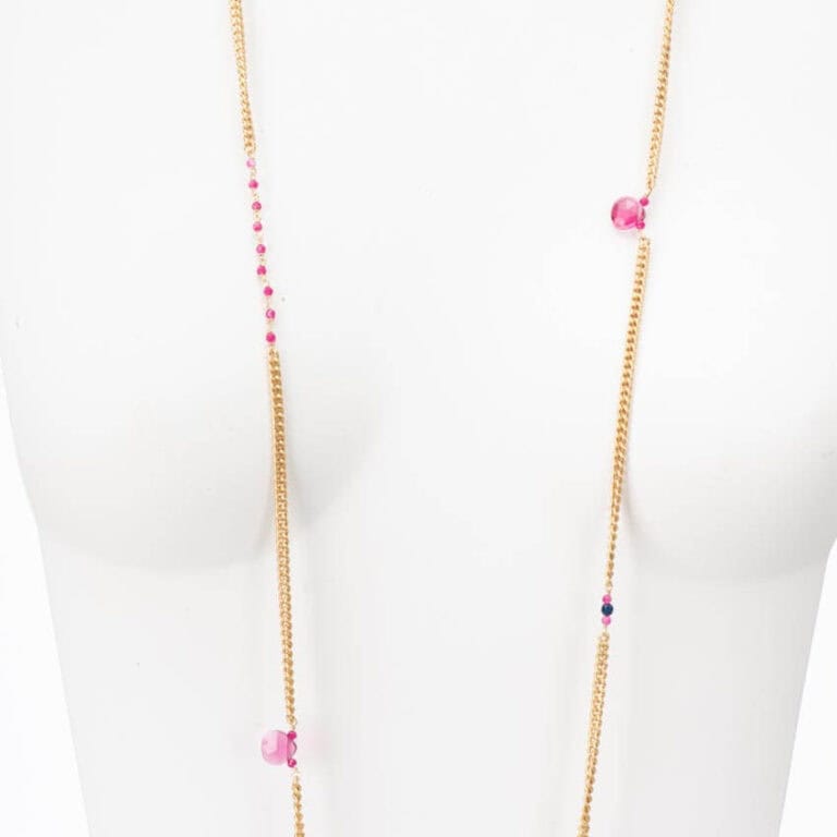Collana lunga catena groumette oro e pietre colorate rosa - immagine 2