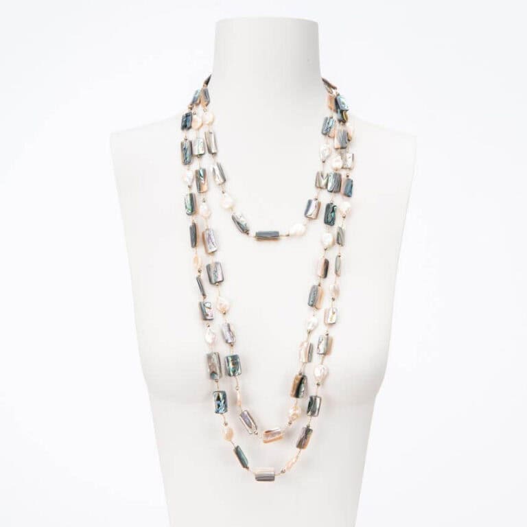Collana lunga perle naturali, ematite e madreperla grigia
