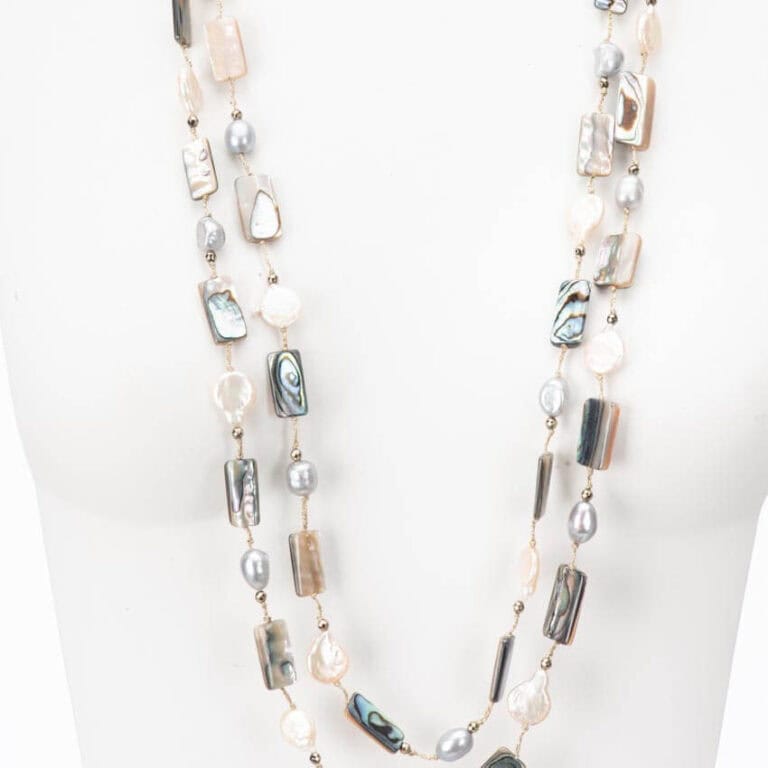Collana lunga a due fili perle naturali rosé, perle grigie e madreperla grigia - immagine 2