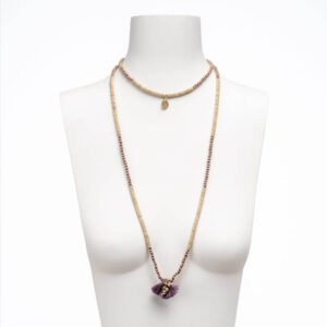 Collana lunga filo cotone color malva elementi oro nappina
